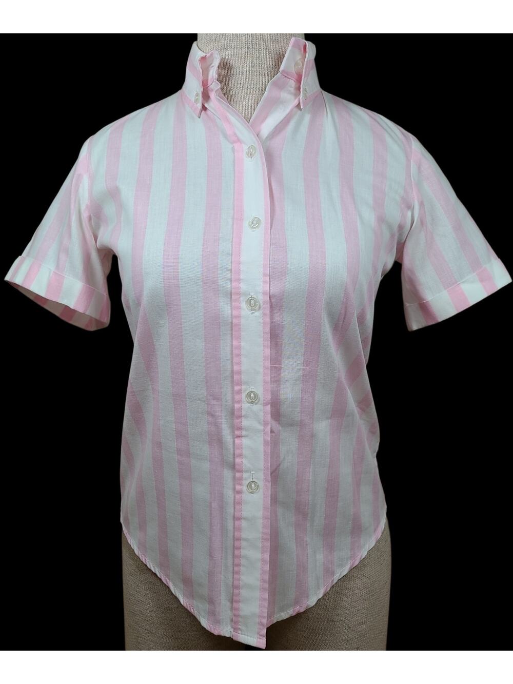Cynthia My Love 80s Vintage Pink White Striped Button Down Shirt Cuffs Short Sl